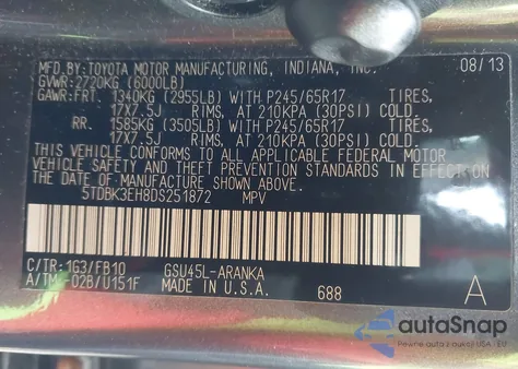 2013 Toyota Highlander Base V6 from USA, damaged, VIN 5TDBK3EH8DS251872